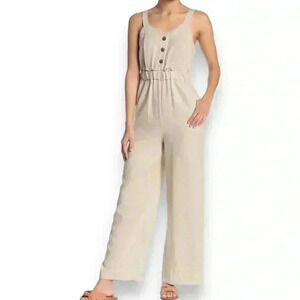 Romeo & Juliet Couture Tan Striped Linen Blend Jumpsuit Adjustable strap size Lg